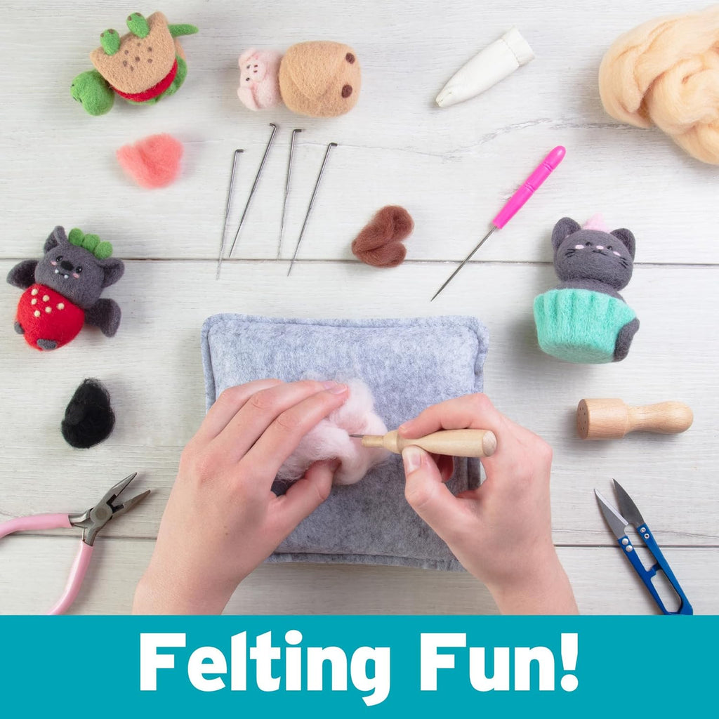 DIY Needle Felting Kit w Case - Animal Foodie Friends - Make 8 Cute Designs - Starter Kit Includes Mat, Wool Felt Tools, Needles, Instructions- Holiday Party Crafts, Gifts & Homemade Stocking Stuffers