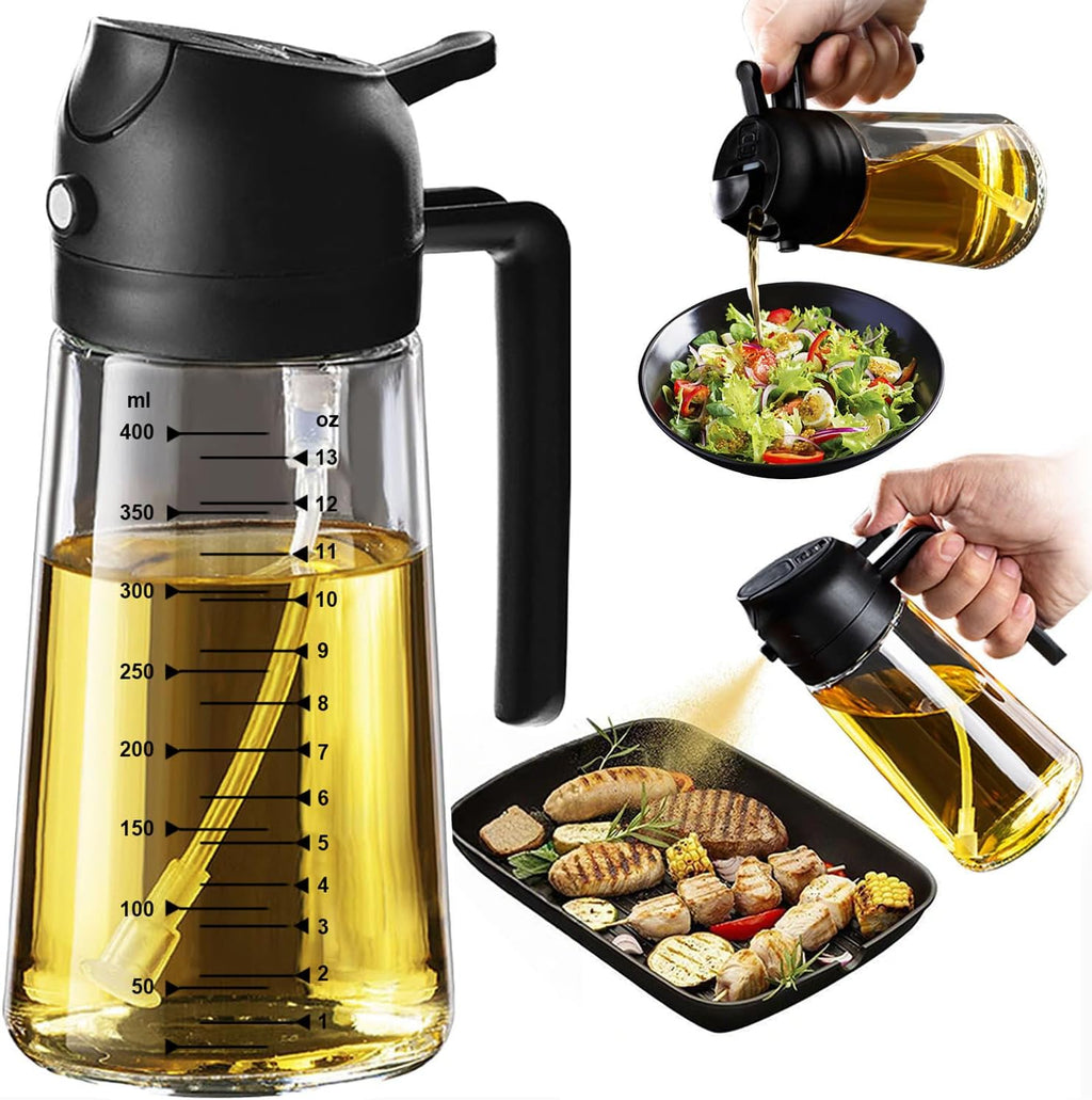 16oz/470ml Glass Olive Oil Sprayer for Cooking – 2 in 1 Olive Oil Dispenser Bottle for Kitchen Gadgets and Air Fryer Accessories, Salad, BBQ - Black