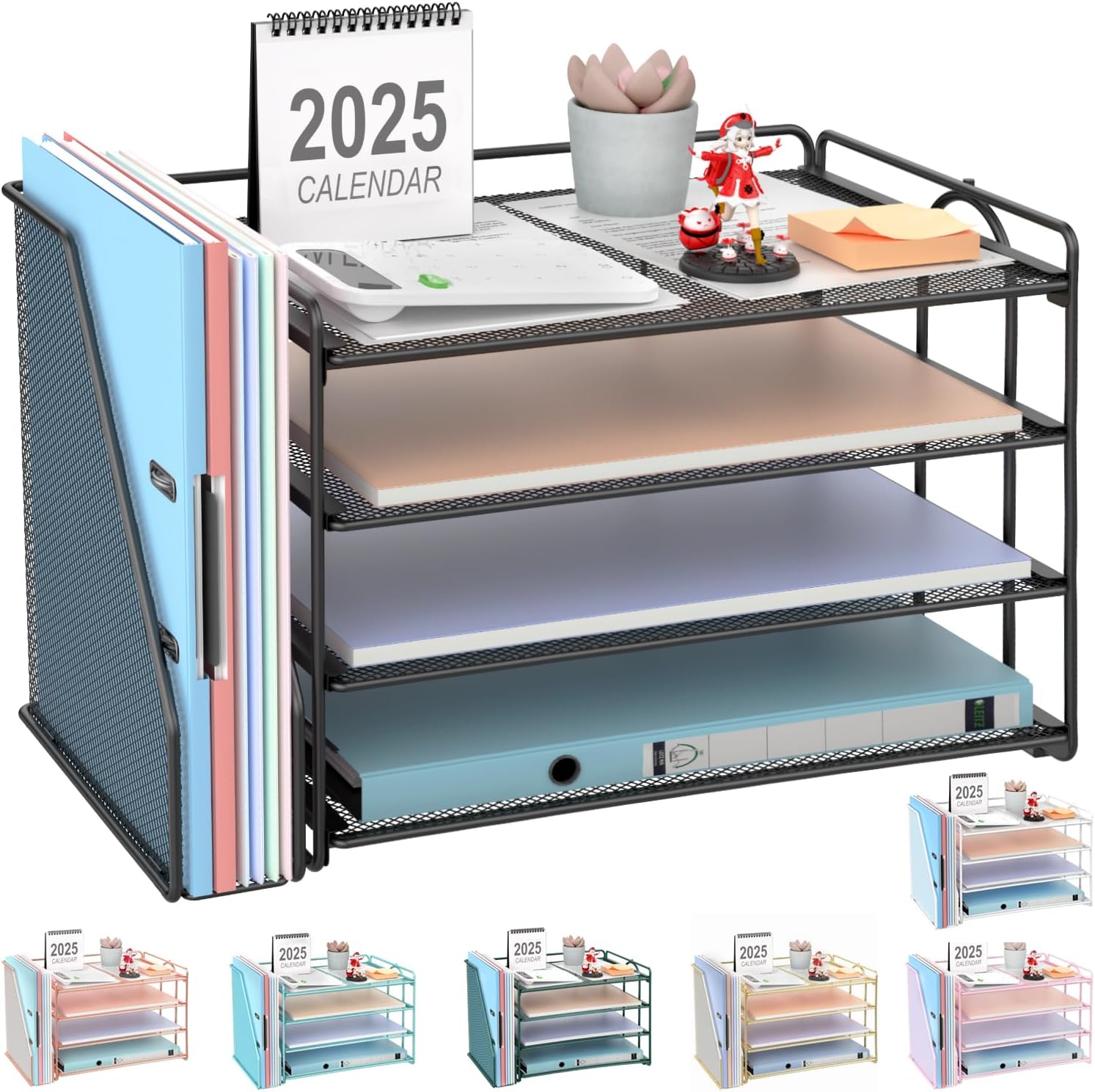 4-Tier Paper Organizer With Magazine Holder, Desk Organizers and Accessories, Desk Accessories & Workspace Organizers, File Organizer for Office Supplies Storag (Black, 4-Tier)