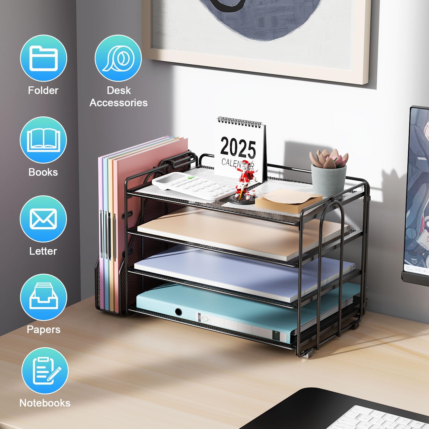 4-Tier Paper Organizer With Magazine Holder, Desk Organizers and Accessories, Desk Accessories & Workspace Organizers, File Organizer for Office Supplies Storag (Black, 4-Tier)
