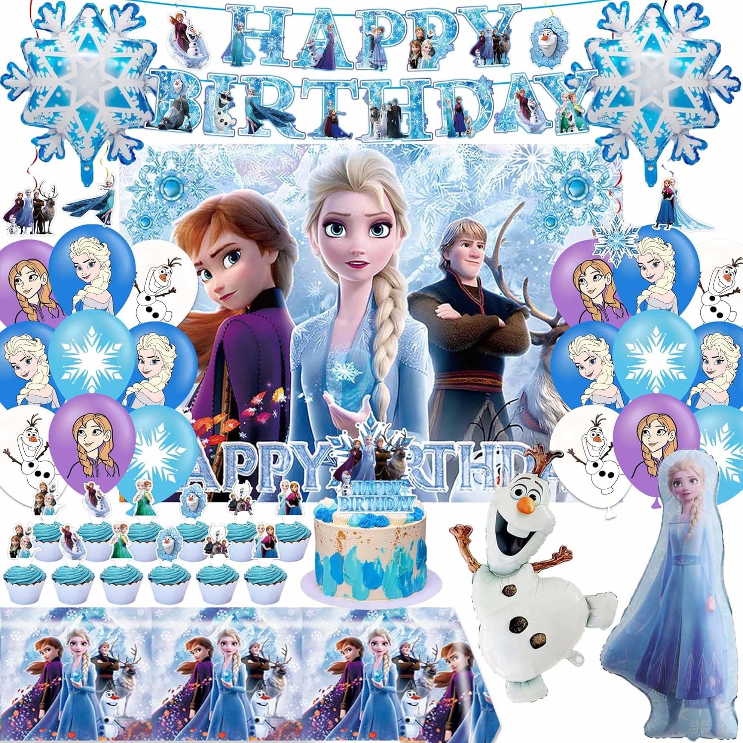 Birthday Party Supplies, Elegant Party Decorations - Snowflake Balloons, Happy Birthday Banner, Backdrop, Tablecloth, Hanging Swirl Decorations, Toppers for Adult