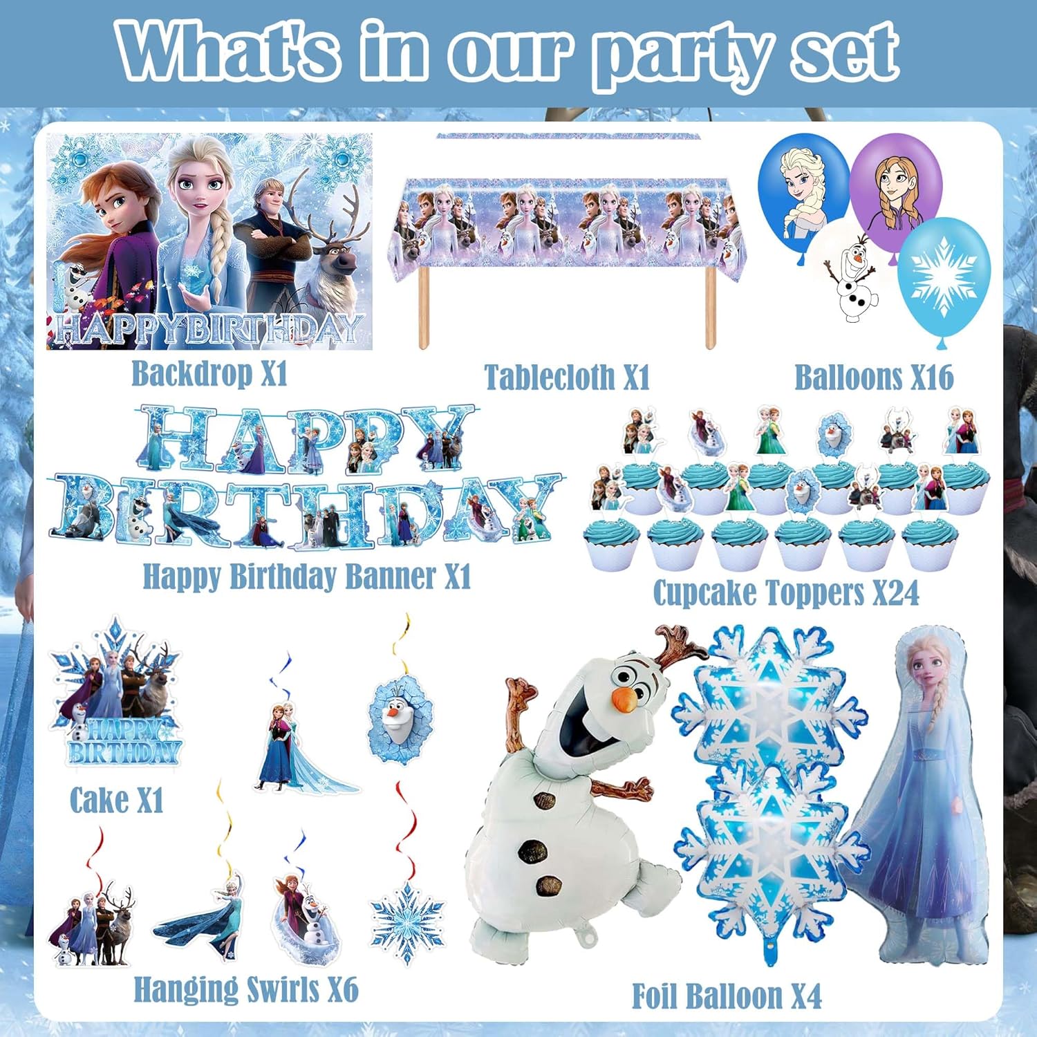 Birthday Party Supplies, Elegant Party Decorations - Snowflake Balloons, Happy Birthday Banner, Backdrop, Tablecloth, Hanging Swirl Decorations, Toppers for Adult