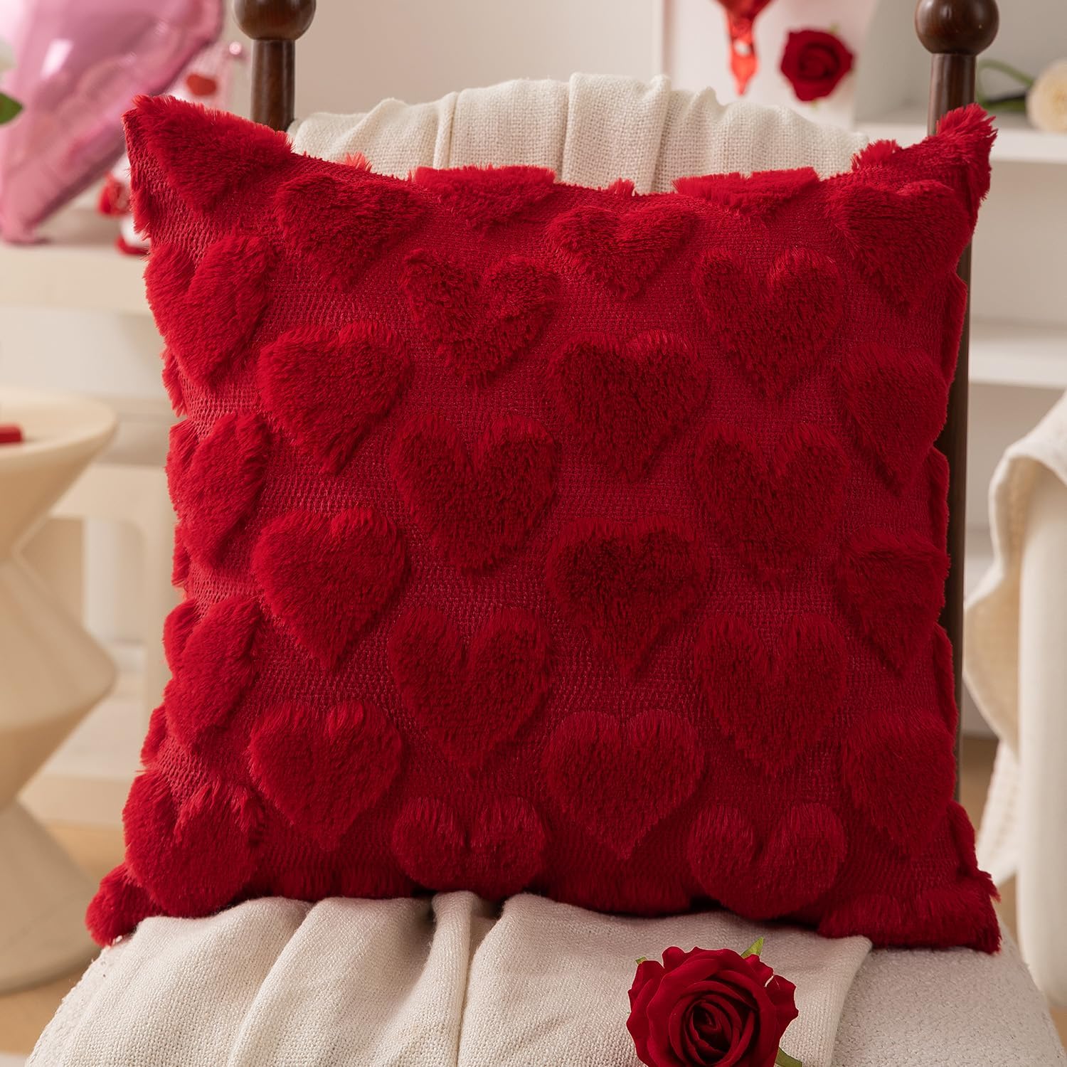 Valentines Pillow Covers 18x18 inch Set of 2 Valentines Day Decoration Red Heart Soft Plush Faux Fur Jacquard Throw Pillows for Bedroom Sofa Holiday Festivals Home Decor