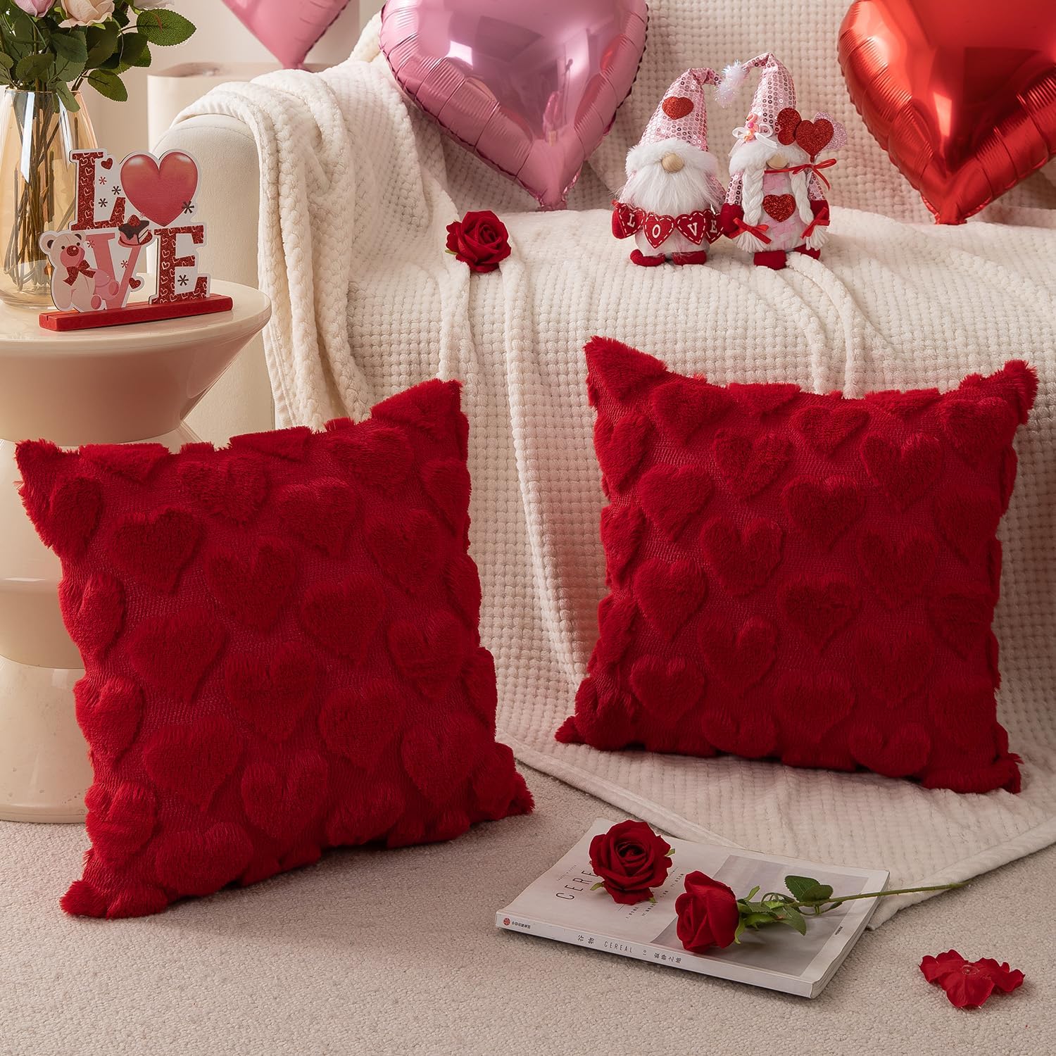 Valentines Pillow Covers 18x18 inch Set of 2 Valentines Day Decoration Red Heart Soft Plush Faux Fur Jacquard Throw Pillows for Bedroom Sofa Holiday Festivals Home Decor