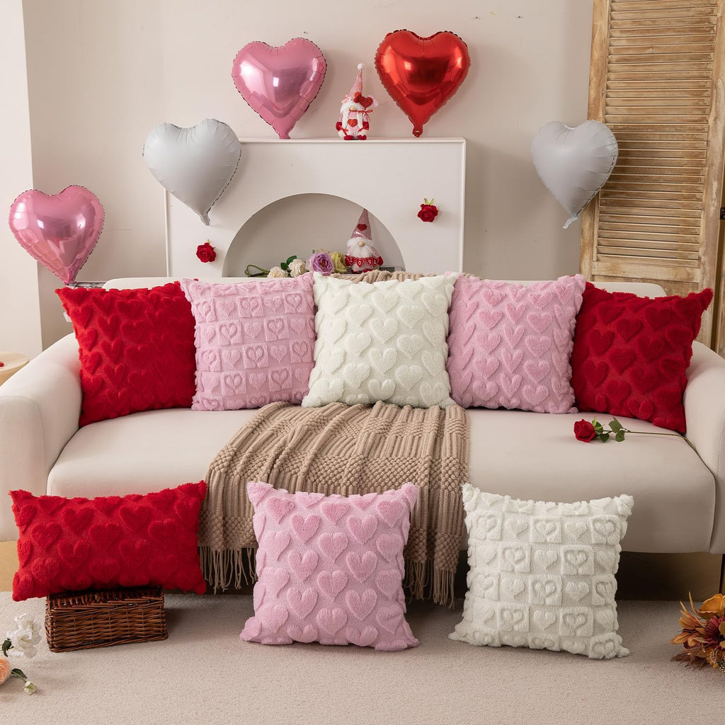 Valentines Pillow Covers 18x18 inch Set of 2 Valentines Day Decoration Red Heart Soft Plush Faux Fur Jacquard Throw Pillows for Bedroom Sofa Holiday Festivals Home Decor