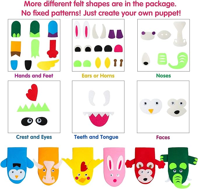 6Pcs Hand Puppet Making Kit, Art Craft Felt Sock Puppet Toys, Creative DIY Make Your Own Pompoms Wiggle Googly Eyes Storytelling Role Play Party Supplies Gift for Girls Boys (Animals)