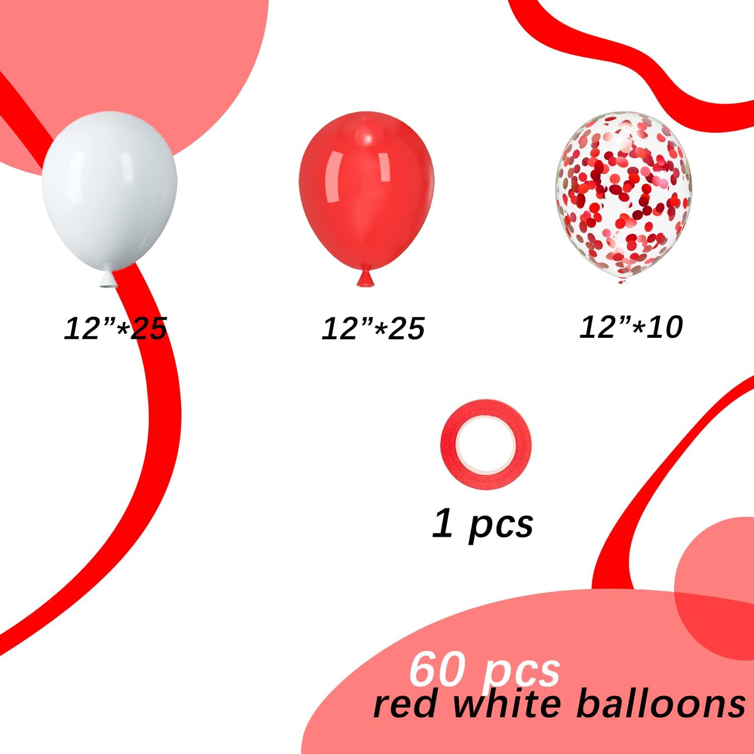 Red and White Latex Balloons, 60pcs 12 Inches Red and White Confetti Balloons with 1 Ribbon for Christmas, Birthday, Graduation, Valentine's Day Party Decorations
