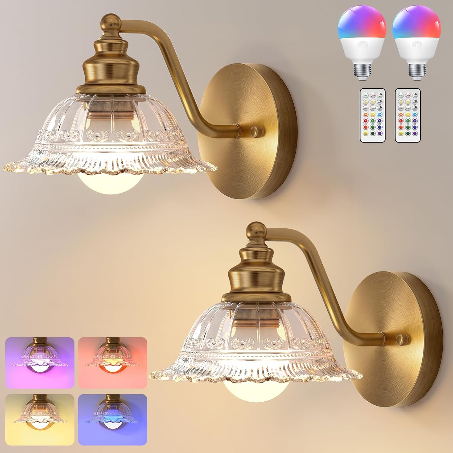 Redluck Battery Operated Wall Sconce with Remote Control, Vintage Glass Wireless Wall sconces Set of Two, Rechargeable Battery Powered Wall Lamp for Bedside Bedroom Living Room Hallway Decor