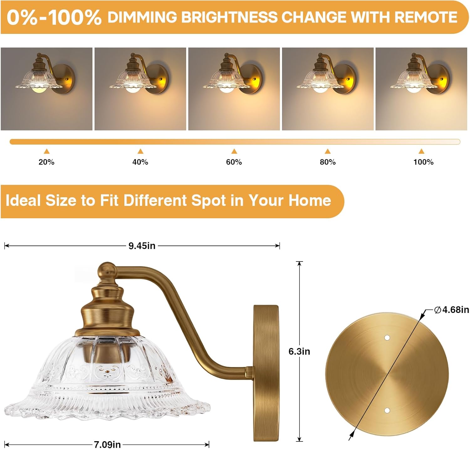 Redluck Battery Operated Wall Sconce with Remote Control, Vintage Glass Wireless Wall sconces Set of Two, Rechargeable Battery Powered Wall Lamp for Bedside Bedroom Living Room Hallway Decor