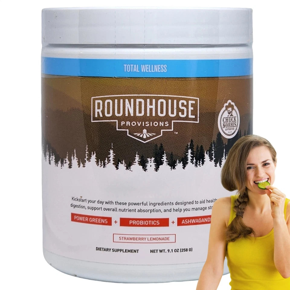 ROUNDHOUSE PROVISION Morning Kick, Zero Sugar Greens Superfood Powder Supplement with Ashwagandha, Collagen, Probiotics, Debloat Drink, 30 Servings (Strawberry Lemonade) by Chuck Norris