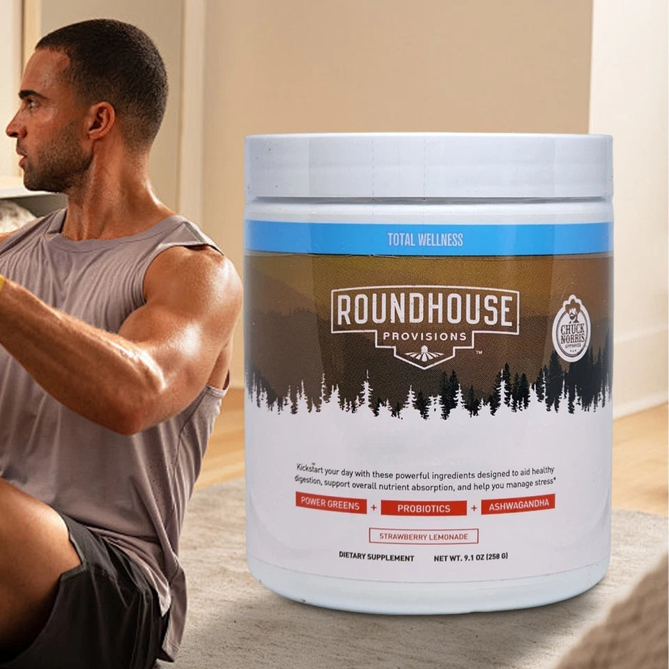 ROUNDHOUSE PROVISION Morning Kick, Zero Sugar Greens Superfood Powder Supplement with Ashwagandha, Collagen, Probiotics, Debloat Drink, 30 Servings (Strawberry Lemonade) by Chuck Norris