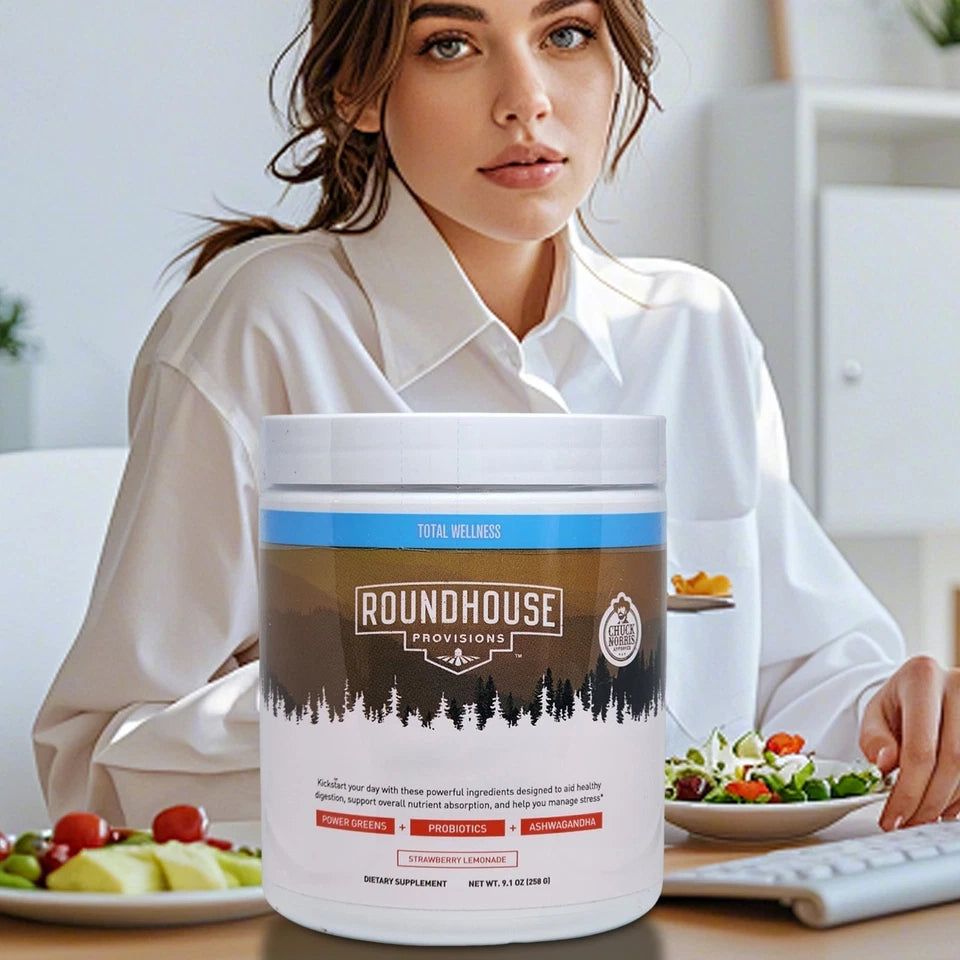 ROUNDHOUSE PROVISION Morning Kick, Zero Sugar Greens Superfood Powder Supplement with Ashwagandha, Collagen, Probiotics, Debloat Drink, 30 Servings (Strawberry Lemonade) by Chuck Norris