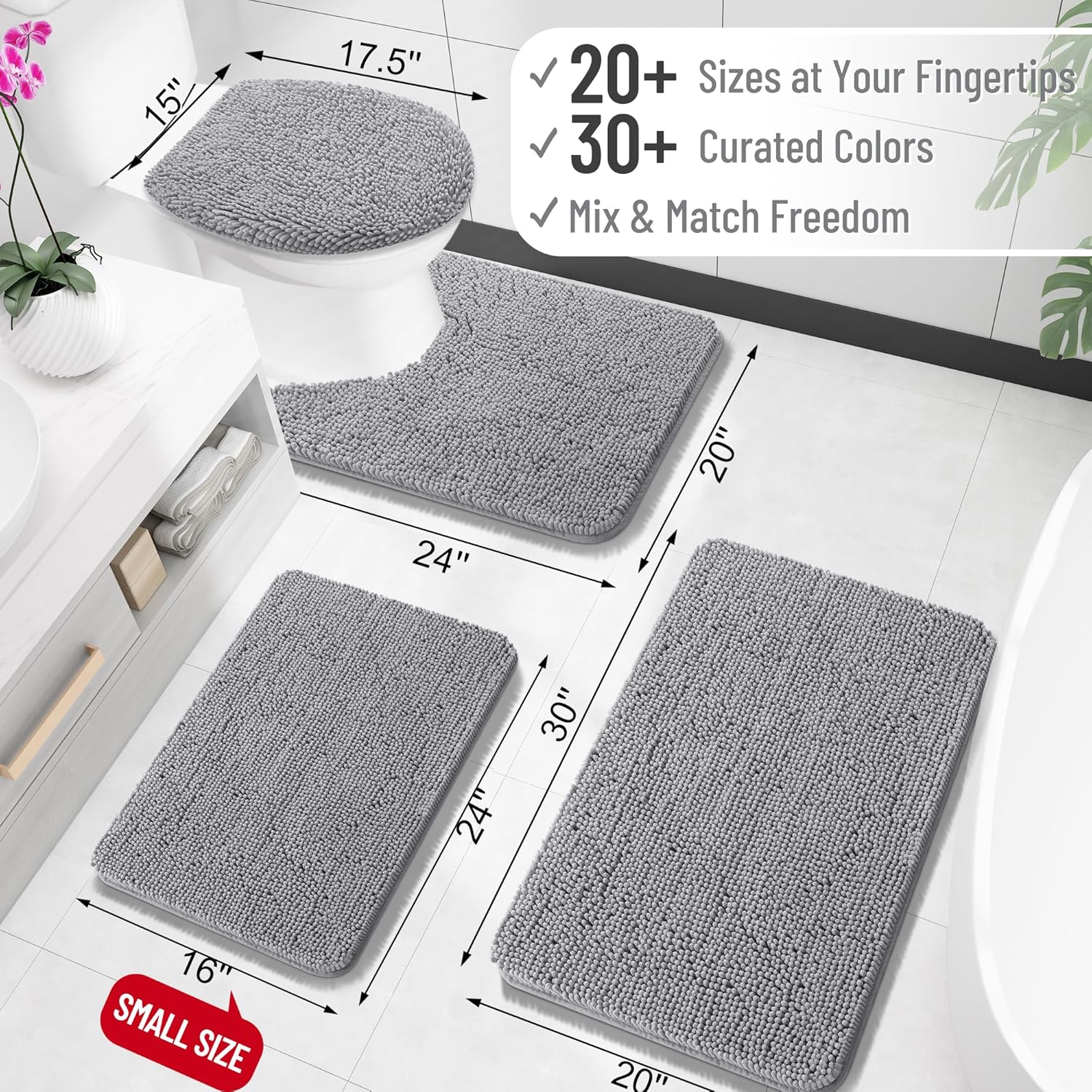 Bathroom Rugs 30x20, Extra Soft Absorbent Chenille Bath Rugs, Rubber Backing Quick Dry, Machine Washable Bath Mats for Bathroom Floor, Tub and Shower, Home Decor Accessories, Grey