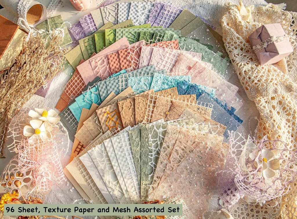 96 Sheets Textured Scrapbook Paper and Mesh Fabric Assorted Set - 6 Pack Mixed Special Paper for Scrapbooking Planner Bullet Junk Journal Supplies Mixed Media Collage Card Embellishments 3.9x5.5 Inch
