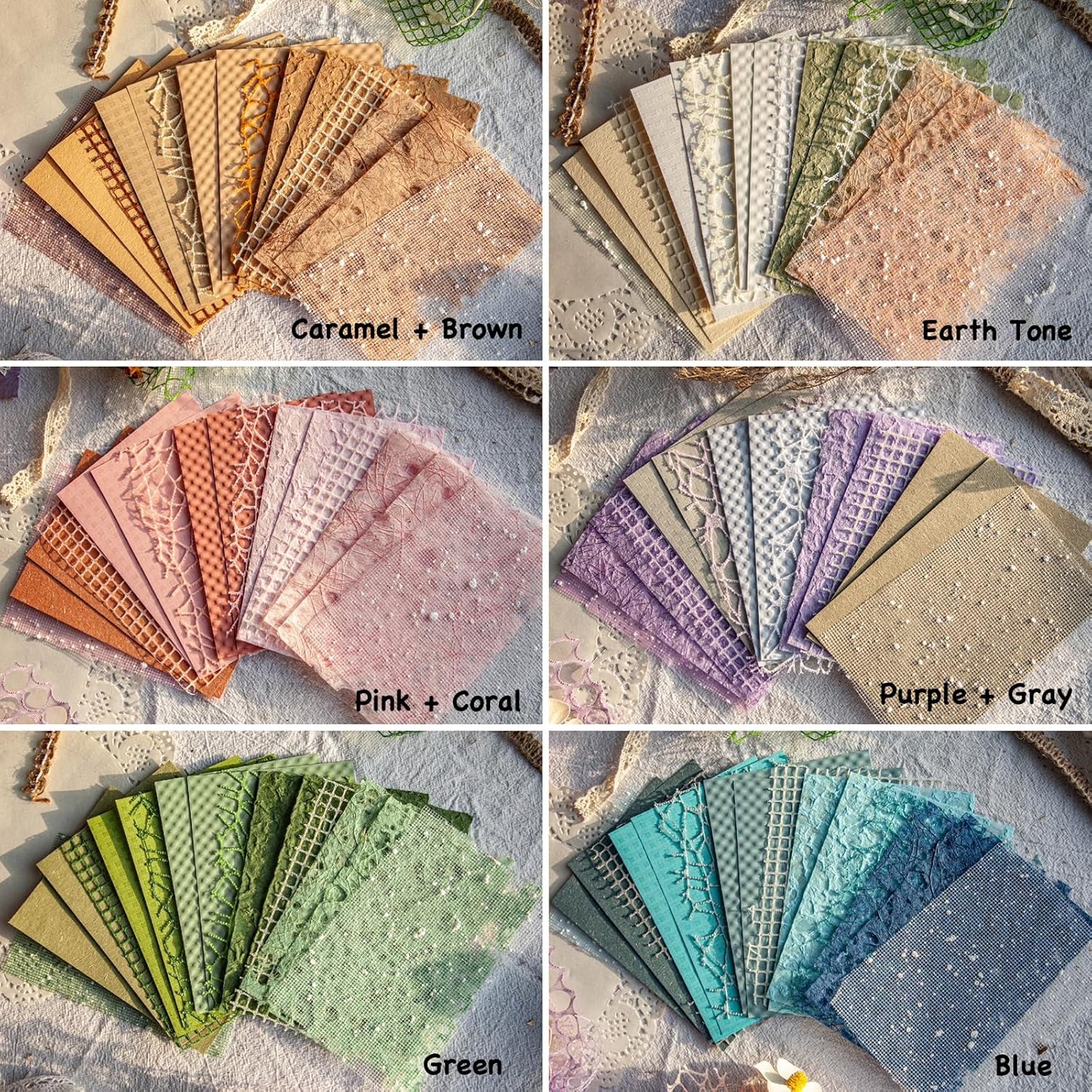 96 Sheets Textured Scrapbook Paper and Mesh Fabric Assorted Set - 6 Pack Mixed Special Paper for Scrapbooking Planner Bullet Junk Journal Supplies Mixed Media Collage Card Embellishments 3.9x5.5 Inch