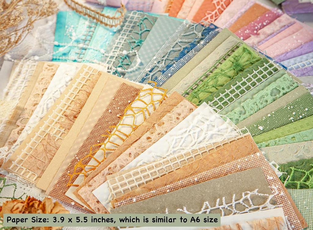 96 Sheets Textured Scrapbook Paper and Mesh Fabric Assorted Set - 6 Pack Mixed Special Paper for Scrapbooking Planner Bullet Junk Journal Supplies Mixed Media Collage Card Embellishments 3.9x5.5 Inch
