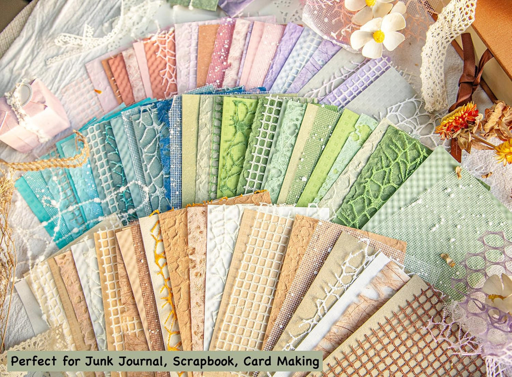 96 Sheets Textured Scrapbook Paper and Mesh Fabric Assorted Set - 6 Pack Mixed Special Paper for Scrapbooking Planner Bullet Junk Journal Supplies Mixed Media Collage Card Embellishments 3.9x5.5 Inch