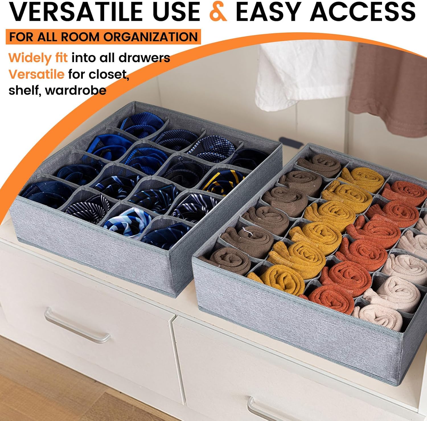 3 Pack Sock Underwear Drawer Organizer Dividers, 64 Cell Fabric Foldable Dresser Organizer for Closet Organizers and Storage Boxes for Organizing Socks, Underwear, Ties (16+24+24 Cell, Gray)