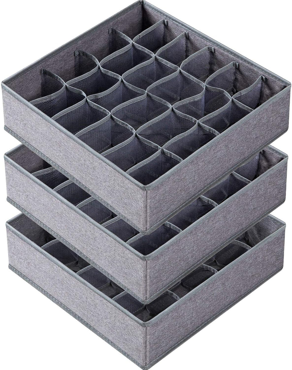 3 Pack Sock Underwear Drawer Organizer Dividers, 64 Cell Fabric Foldable Dresser Organizer for Closet Organizers and Storage Boxes for Organizing Socks, Underwear, Ties (16+24+24 Cell, Gray)