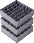 3 Pack Sock Underwear Drawer Organizer Dividers, 64 Cell Fabric Foldable Dresser Organizer for Closet Organizers and Storage Boxes for Organizing Socks, Underwear, Ties (16+24+24 Cell, Gray)