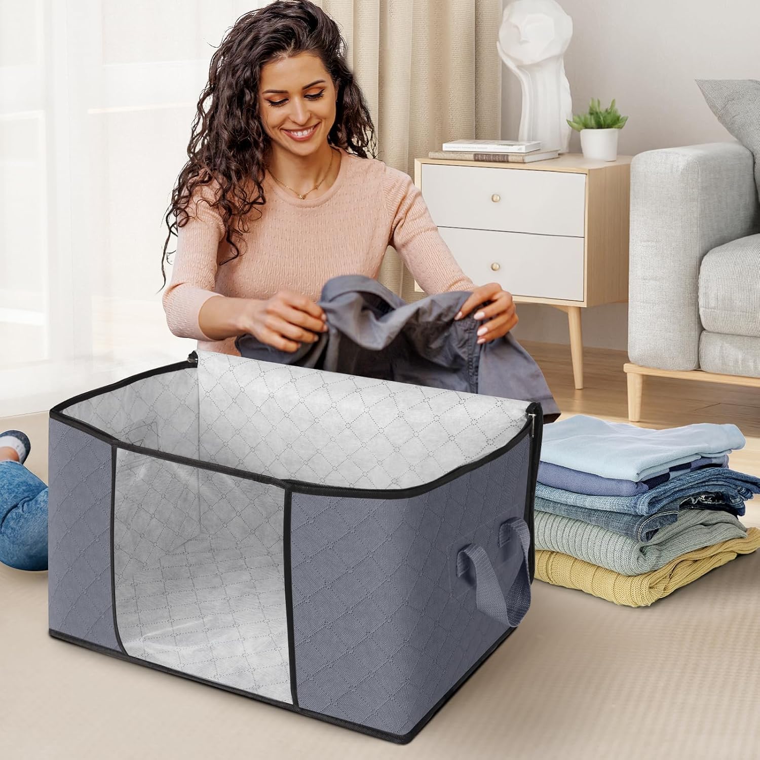 Storage Bags,Clothes Blanket Storage Bins Foldable Closet Organizers with Reinforced Handle for Home Dorm Storage and Organization,Fabric Bags for Organizing Bed Sheets,Clothing,Comforters