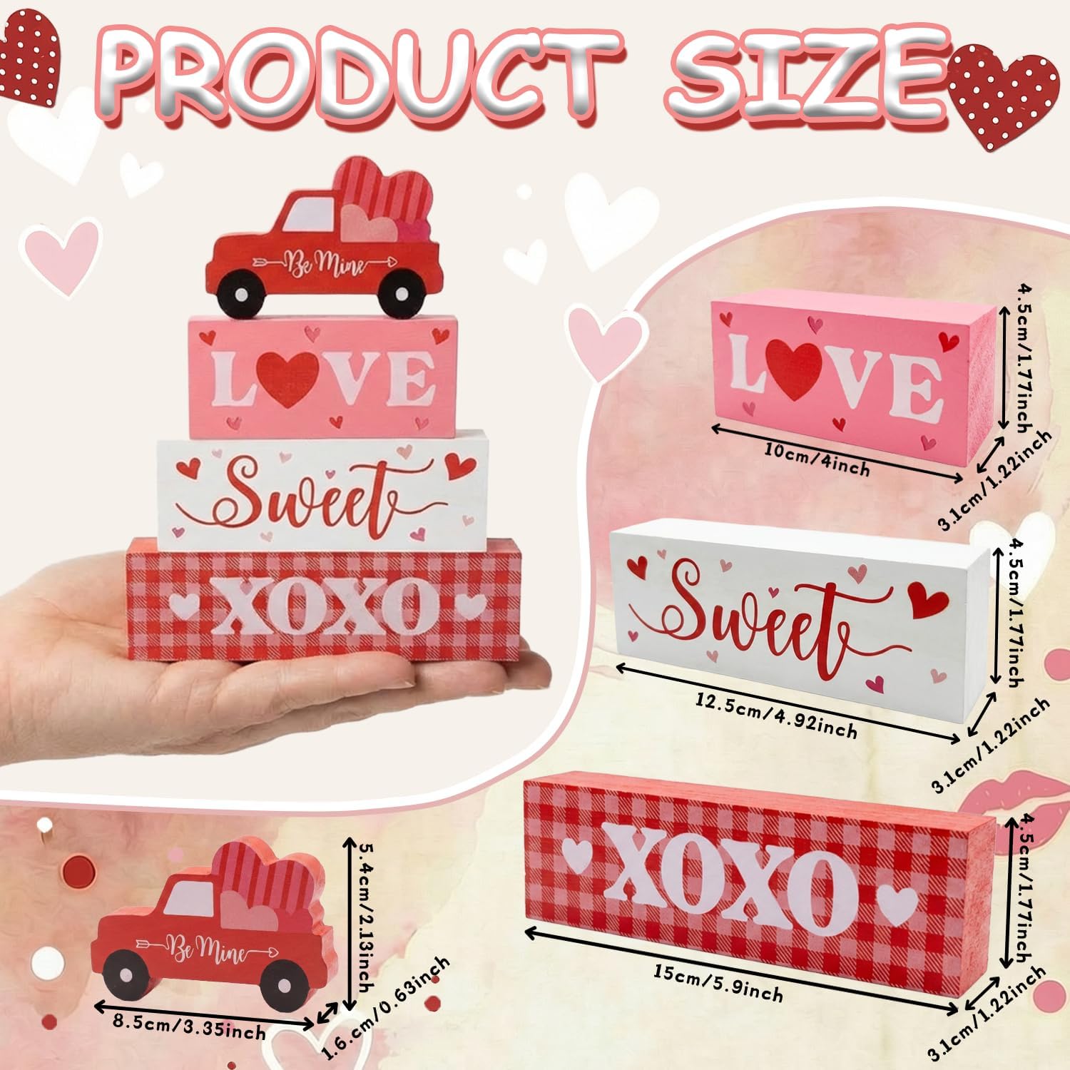 Valentine’s Day Decorations, 4 Pcs Wooden Valentine’s Day Table Decorations, Red Truck Tiered Tray Decor, Wooden Table Sign for Desk Shelf Mantel Centerpiece, Indoor Home Decor