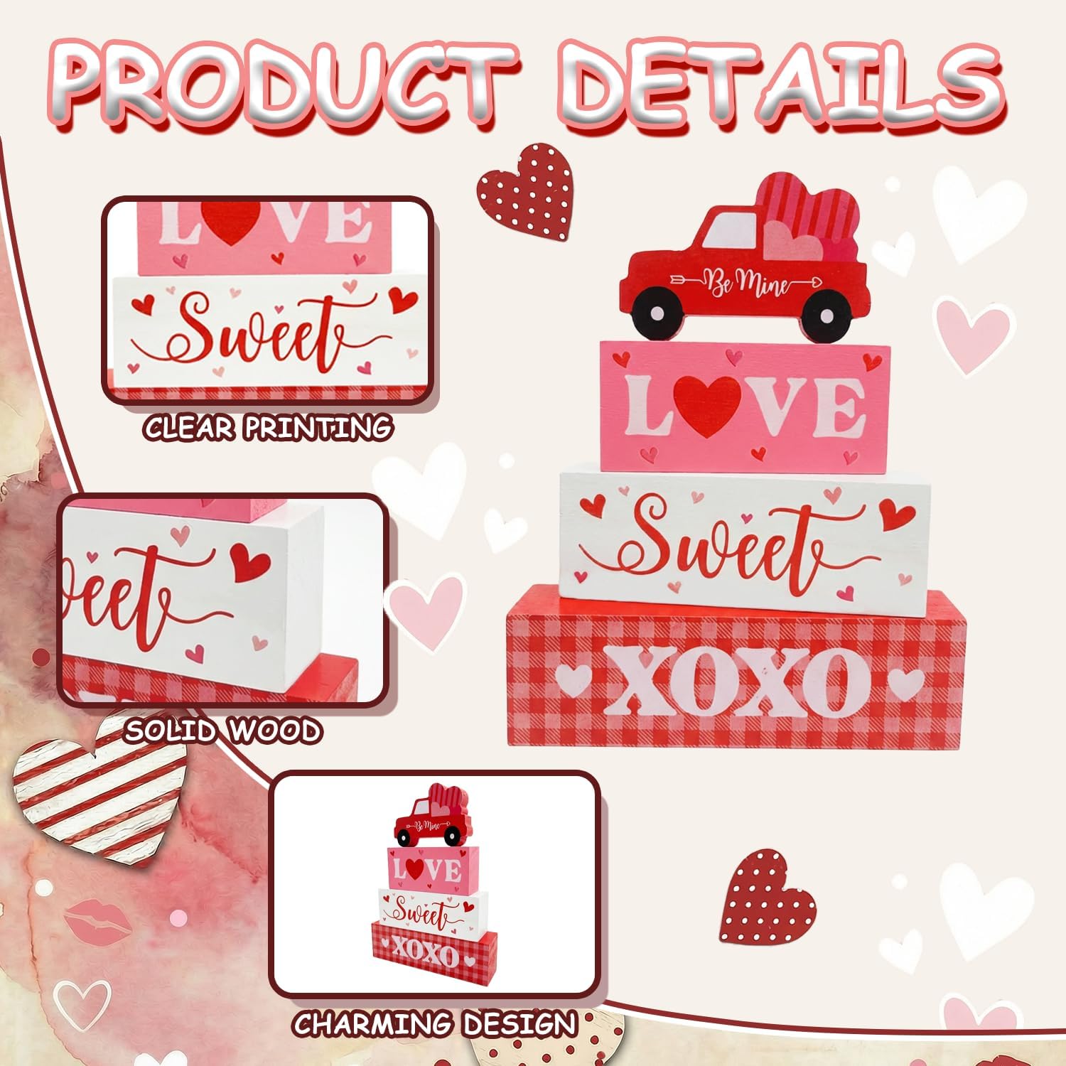 Valentine’s Day Decorations, 4 Pcs Wooden Valentine’s Day Table Decorations, Red Truck Tiered Tray Decor, Wooden Table Sign for Desk Shelf Mantel Centerpiece, Indoor Home Decor