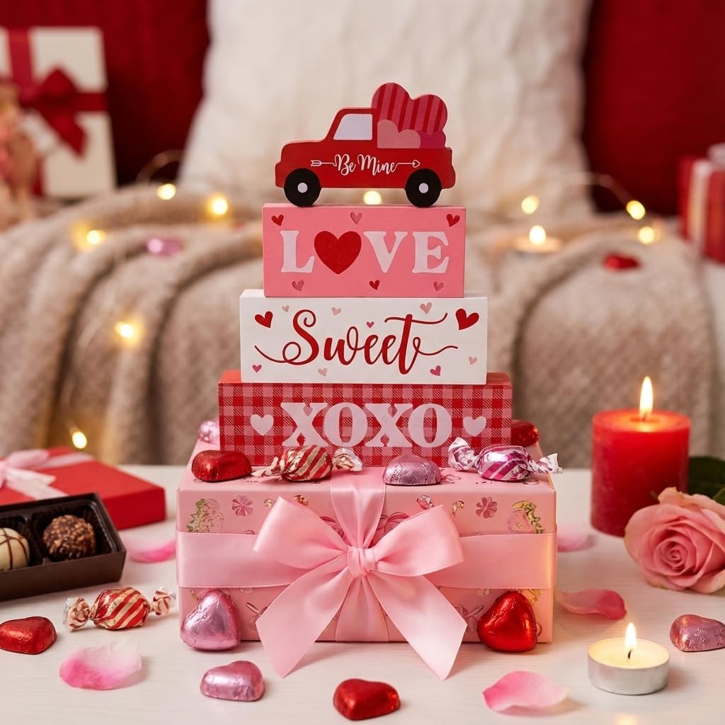 Valentine’s Day Decorations, 4 Pcs Wooden Valentine’s Day Table Decorations, Red Truck Tiered Tray Decor, Wooden Table Sign for Desk Shelf Mantel Centerpiece, Indoor Home Decor