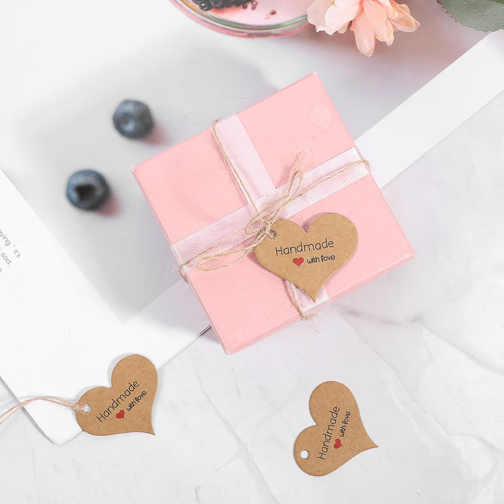 200pcs Handmade Gift Tags Heart-Shaped Mini Gift Paper Tags with 66 ft String Brown Gift Labels with Natural Jute Twin