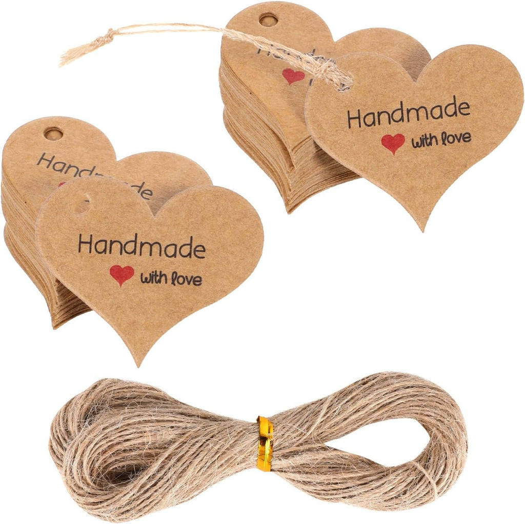200pcs Handmade Gift Tags Heart-Shaped Mini Gift Paper Tags with 66 ft String Brown Gift Labels with Natural Jute Twin