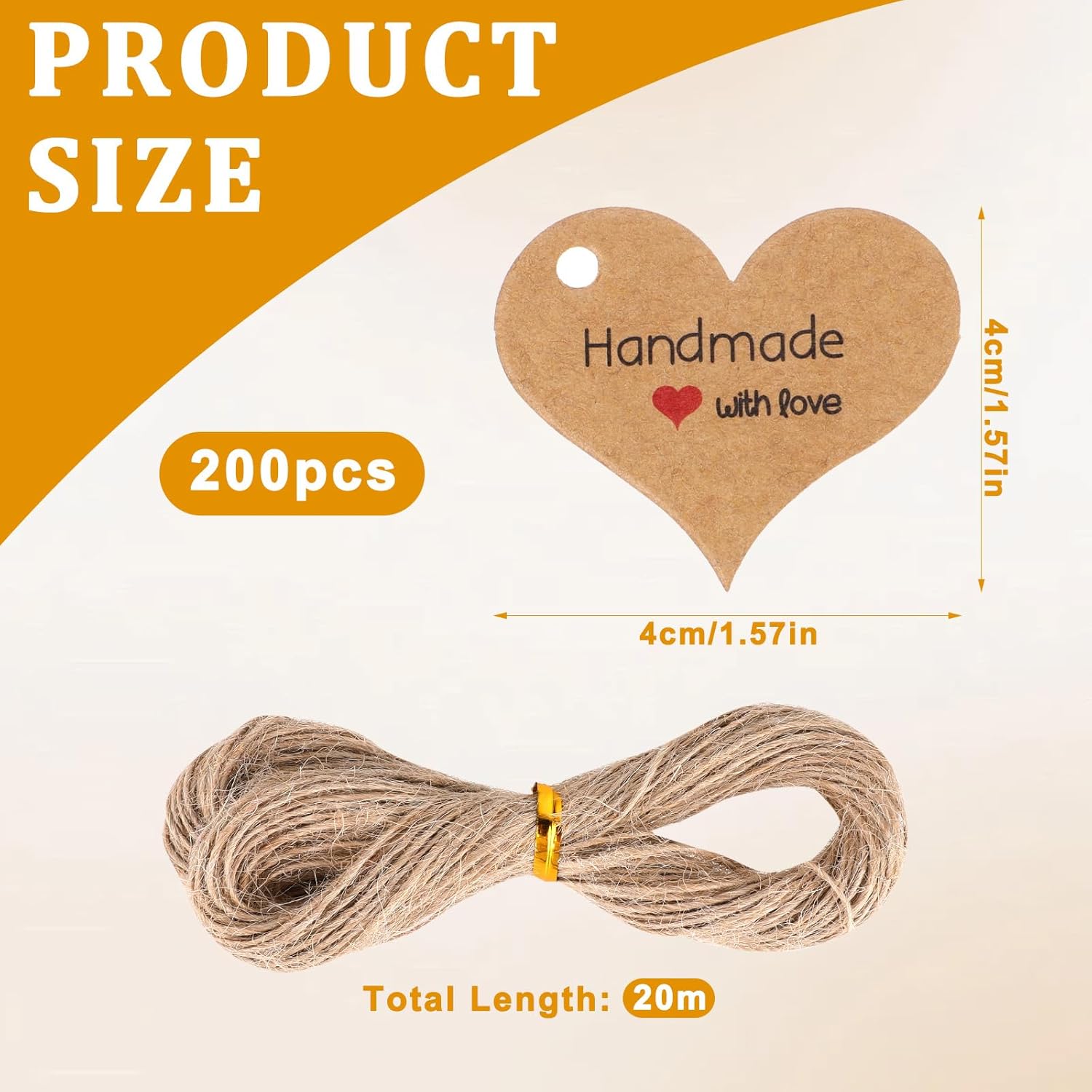 200pcs Handmade Gift Tags Heart-Shaped Mini Gift Paper Tags with 66 ft String Brown Gift Labels with Natural Jute Twin
