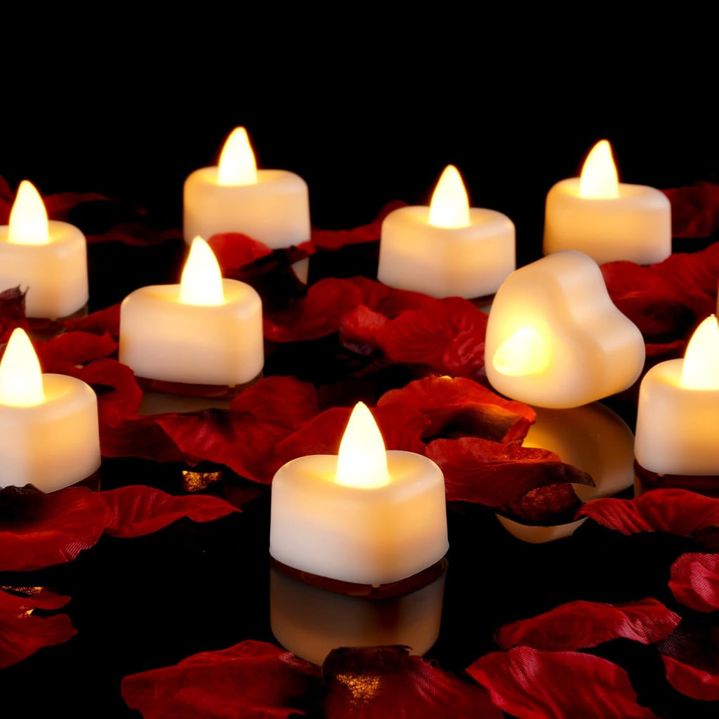 A magic 1000 Pieces Artificial Rose Petals with 12 Heart LED Tea Lights Candles Kit, Rose Petals and Candles Set for Proposal, Anniversary, Valentine's Day, Special Romantic Night, Wedding Table Decor