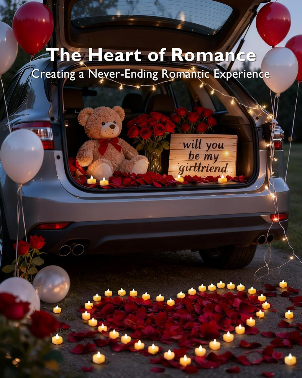 A magic 1000 Pieces Artificial Rose Petals with 12 Heart LED Tea Lights Candles Kit, Rose Petals and Candles Set for Proposal, Anniversary, Valentine's Day, Special Romantic Night, Wedding Table Decor