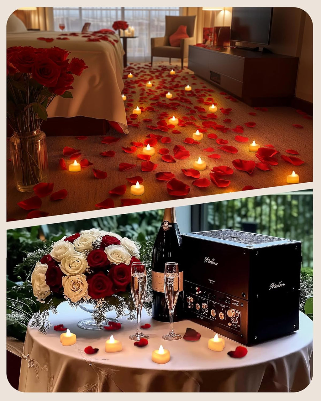 A magic 1000 Pieces Artificial Rose Petals with 12 Heart LED Tea Lights Candles Kit, Rose Petals and Candles Set for Proposal, Anniversary, Valentine's Day, Special Romantic Night, Wedding Table Decor
