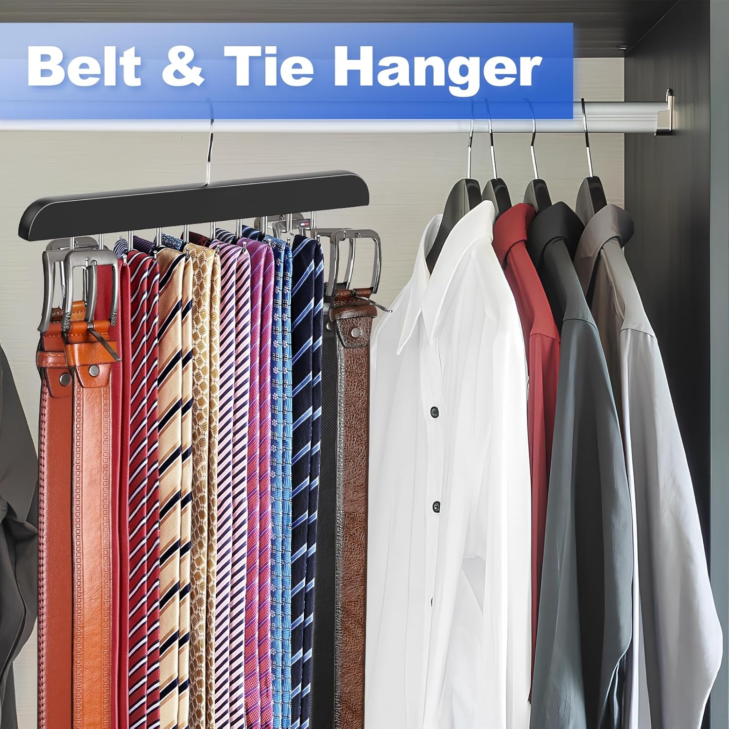 Upgraded Tie Rack Hanger with 20 Foldable Metal Hooks, Space Saving Necktie Organizer for Men – Large Capacity Tie and Belt Wooden Hanger for Closet - Black