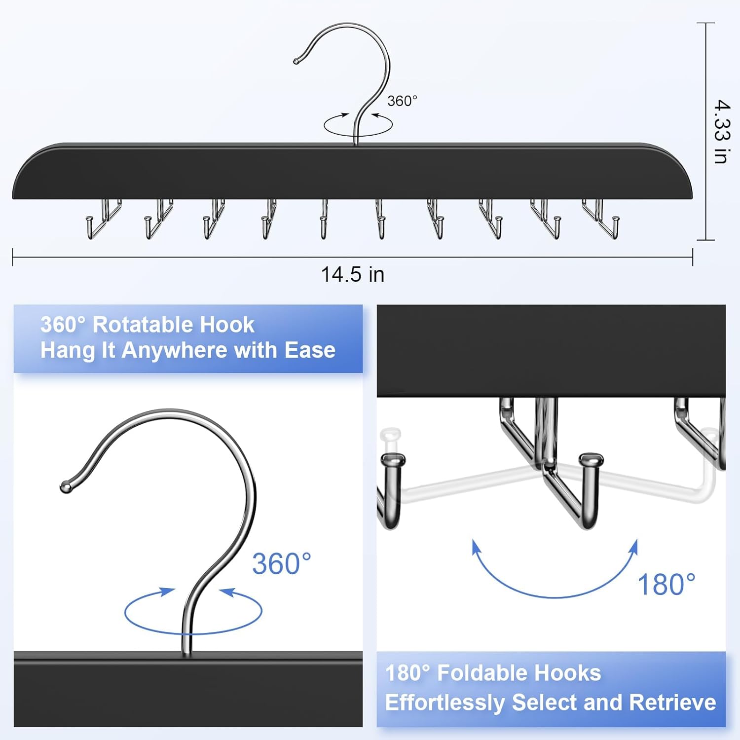Upgraded Tie Rack Hanger with 20 Foldable Metal Hooks, Space Saving Necktie Organizer for Men – Large Capacity Tie and Belt Wooden Hanger for Closet - Black