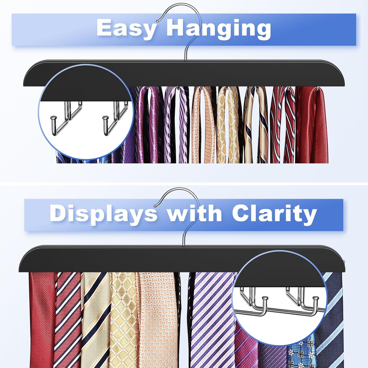 Upgraded Tie Rack Hanger with 20 Foldable Metal Hooks, Space Saving Necktie Organizer for Men – Large Capacity Tie and Belt Wooden Hanger for Closet - Black