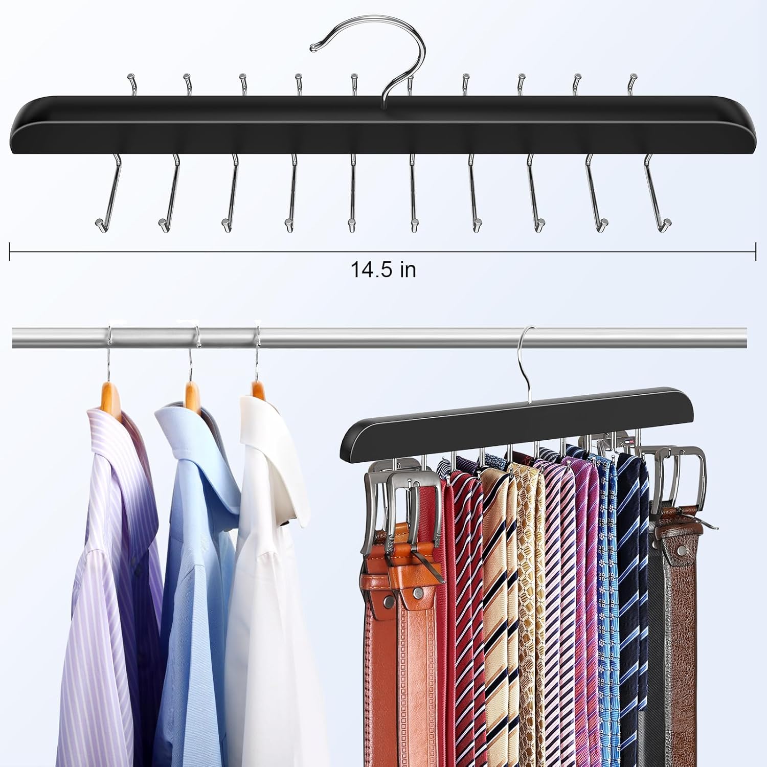 Upgraded Tie Rack Hanger with 20 Foldable Metal Hooks, Space Saving Necktie Organizer for Men – Large Capacity Tie and Belt Wooden Hanger for Closet - Black
