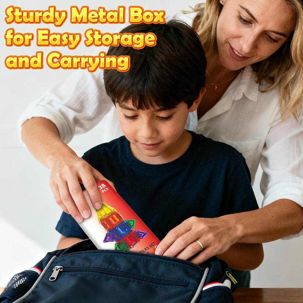 Travel Mini Magnetic Tiles with Case Toddler Road Trip Essentials Set, Magnetic Blocks Building Toys for 3+ Year Old Boys Girls Preschool Montessori Sensory Learning Birthday Gifts