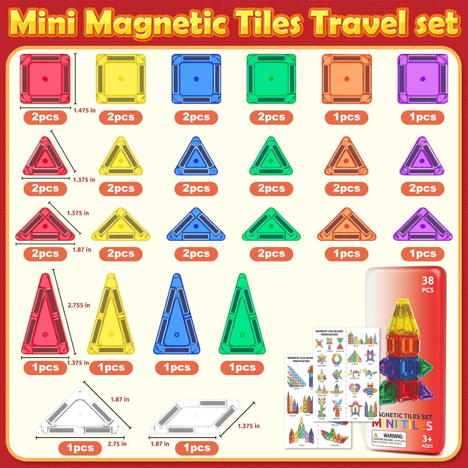 Travel Mini Magnetic Tiles with Case Toddler Road Trip Essentials Set, Magnetic Blocks Building Toys for 3+ Year Old Boys Girls Preschool Montessori Sensory Learning Birthday Gifts