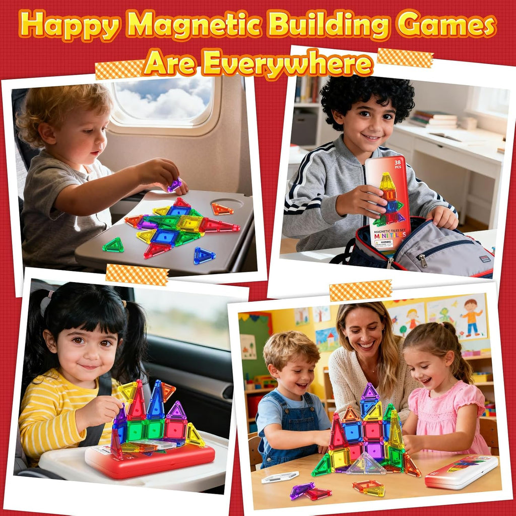 Travel Mini Magnetic Tiles with Case Toddler Road Trip Essentials Set, Magnetic Blocks Building Toys for 3+ Year Old Boys Girls Preschool Montessori Sensory Learning Birthday Gifts