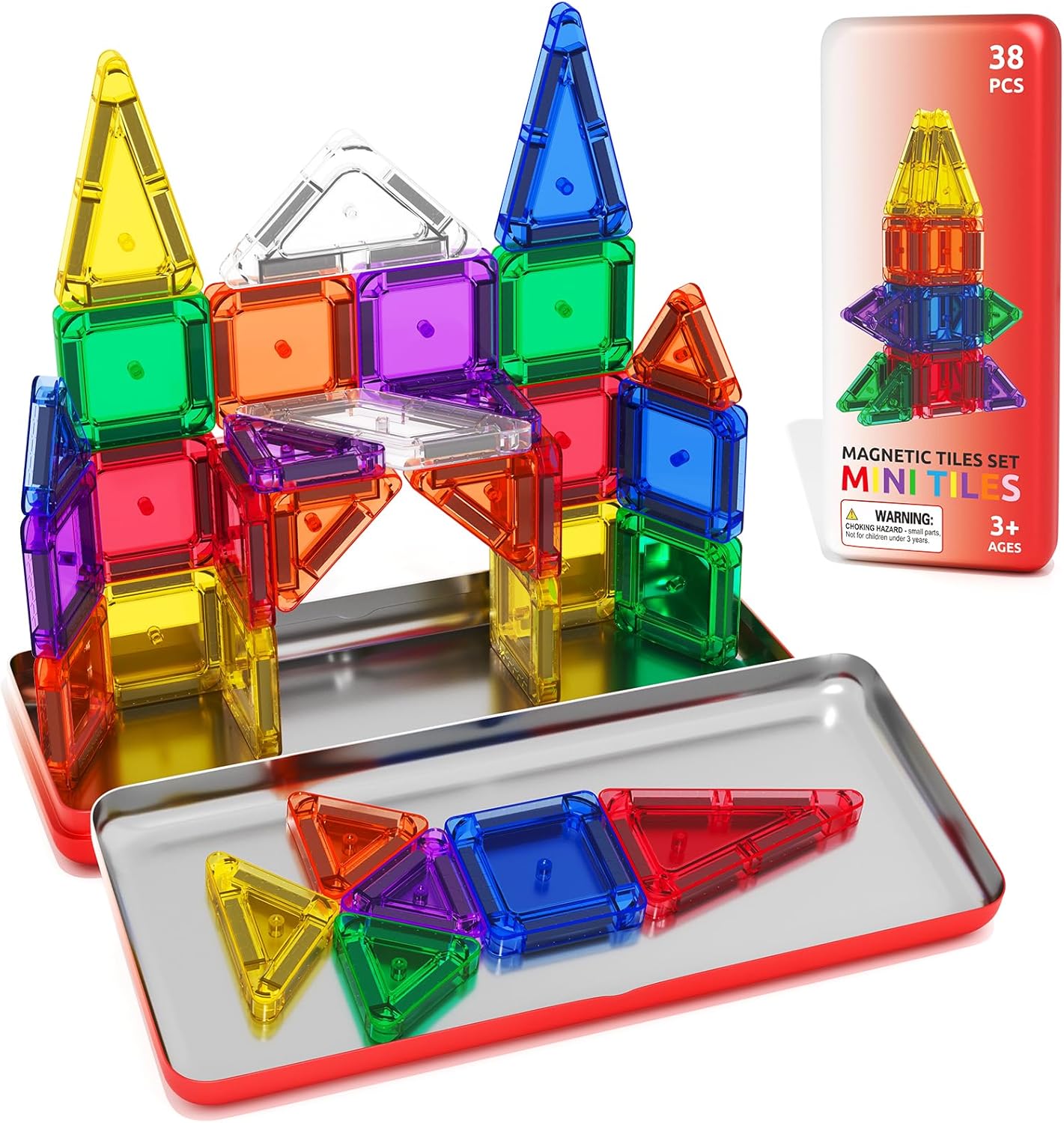 Travel Mini Magnetic Tiles with Case Toddler Road Trip Essentials Set, Magnetic Blocks Building Toys for 3+ Year Old Boys Girls Preschool Montessori Sensory Learning Birthday Gifts