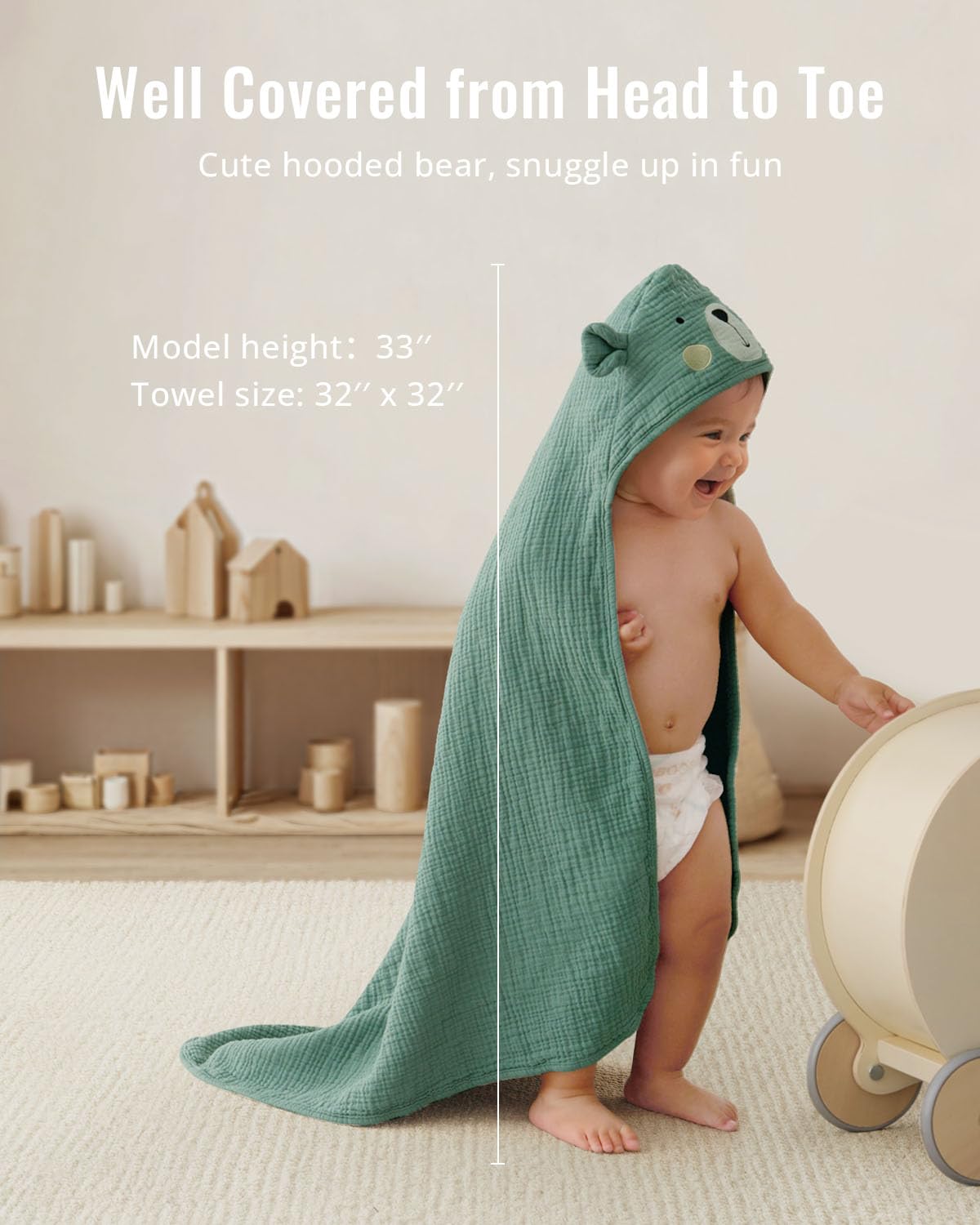 Blissful Diary Muslin Baby Hooded Towel 2 Pack, Soft & Absorbent Bath Towel for Infant, Toddler, Unisex, Baby Gift, Newborn Essentials, Bear & Giraffe