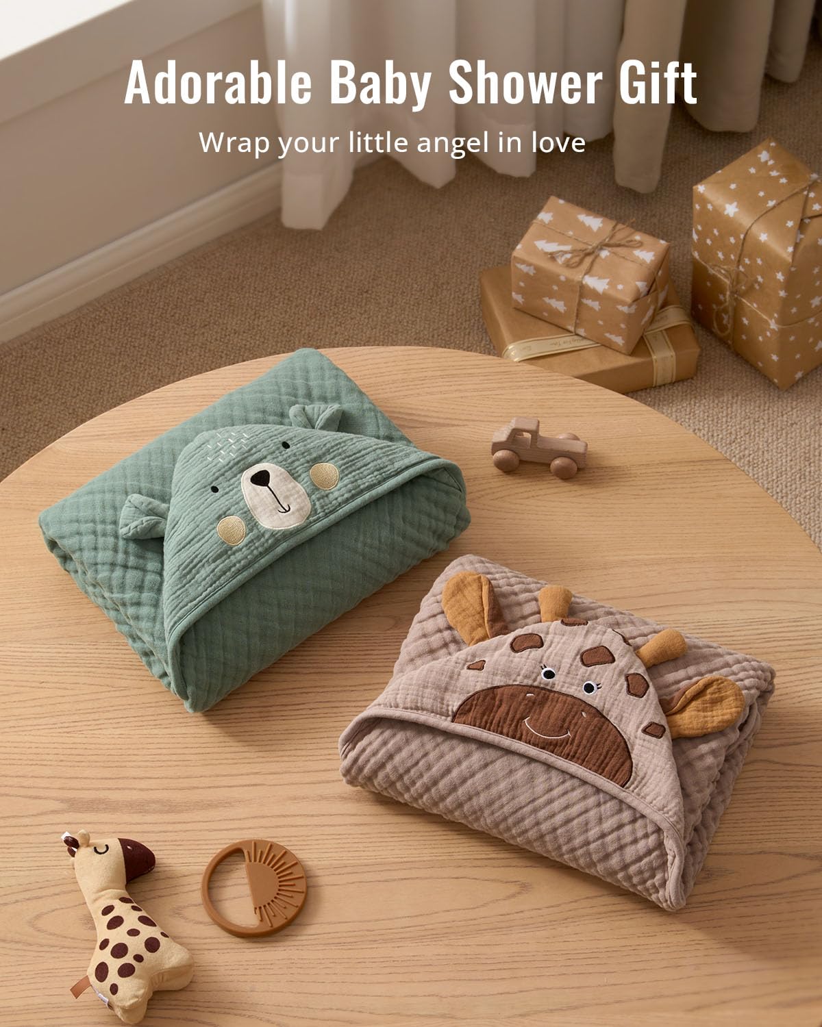 Blissful Diary Muslin Baby Hooded Towel 2 Pack, Soft & Absorbent Bath Towel for Infant, Toddler, Unisex, Baby Gift, Newborn Essentials, Bear & Giraffe