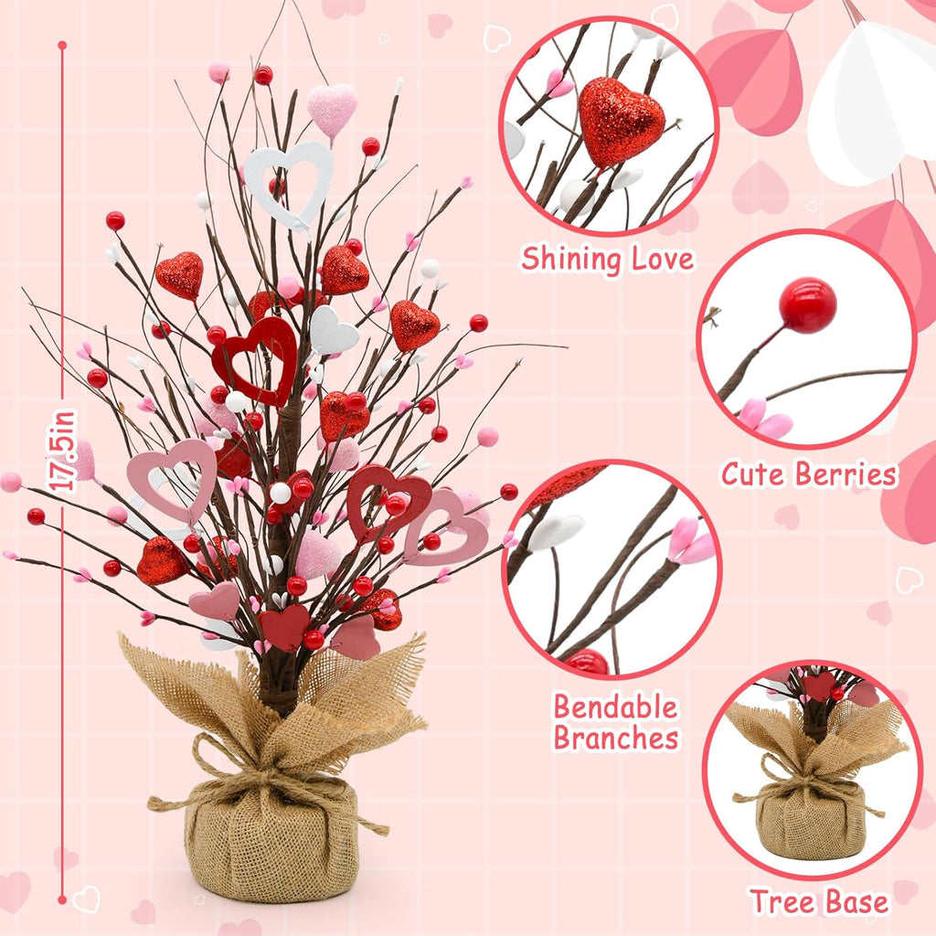 Valentine Tree Decorations, 2 Pack Artificial Tree with Berries and Hearts, Valentines Day Centerpiece for Table Home Office Party Decor, Galentines Day Decorations