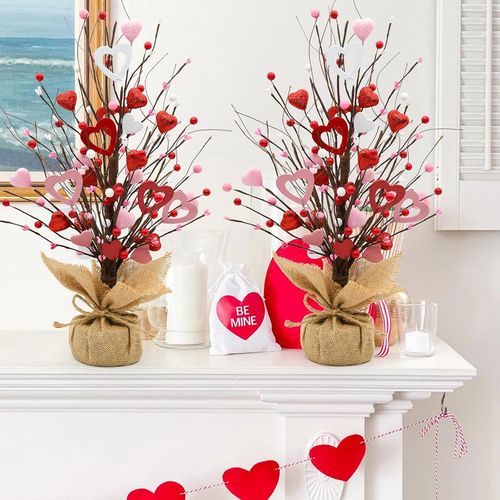 Valentine Tree Decorations, 2 Pack Artificial Tree with Berries and Hearts, Valentines Day Centerpiece for Table Home Office Party Decor, Galentines Day Decorations