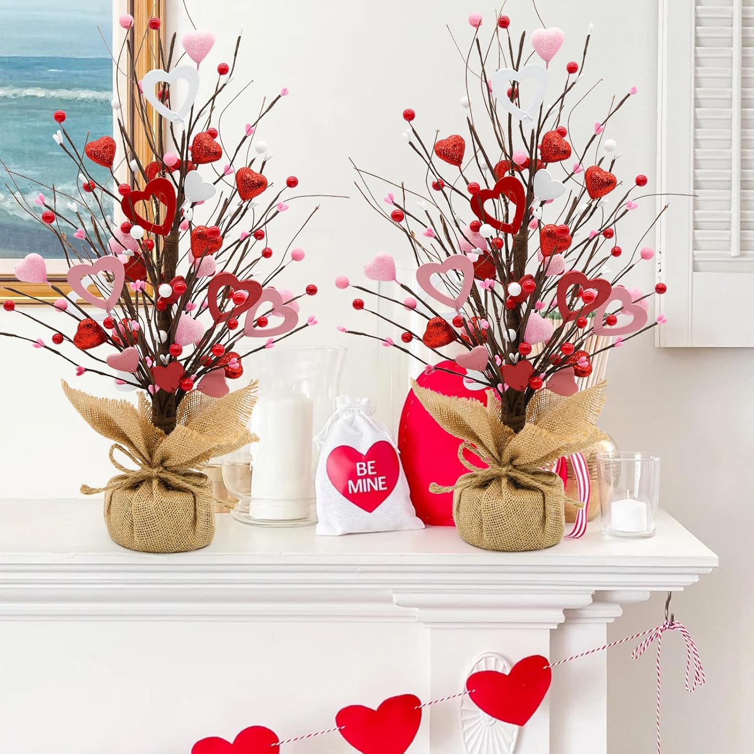 Valentine Tree Decorations, 2 Pack Artificial Tree with Berries and Hearts, Valentines Day Centerpiece for Table Home Office Party Decor, Galentines Day Decorations