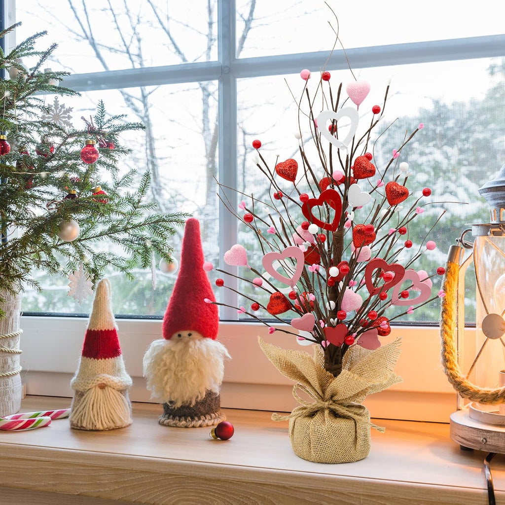 Valentine Tree Decorations, 2 Pack Artificial Tree with Berries and Hearts, Valentines Day Centerpiece for Table Home Office Party Decor, Galentines Day Decorations