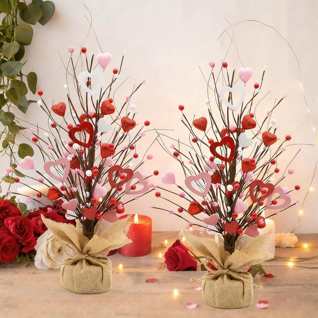Valentine Tree Decorations, 2 Pack Artificial Tree with Berries and Hearts, Valentines Day Centerpiece for Table Home Office Party Decor, Galentines Day Decorations