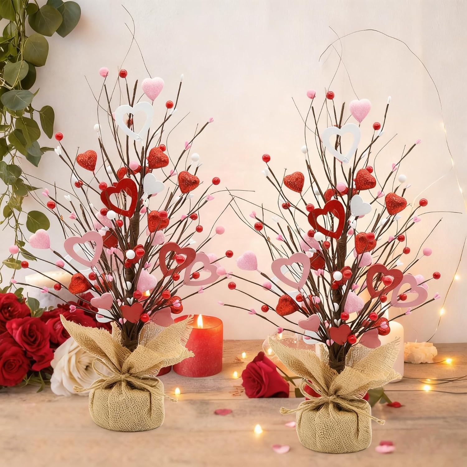 Valentine Tree Decorations, 2 Pack Artificial Tree with Berries and Hearts, Valentines Day Centerpiece for Table Home Office Party Decor, Galentines Day Decorations